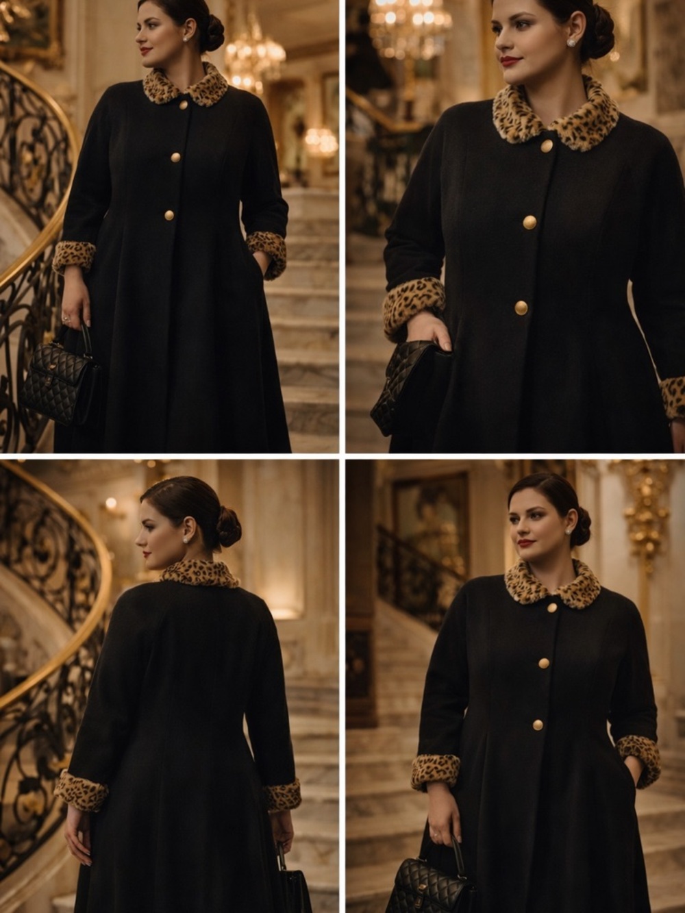 Vintage Russell Scott Black Coat Leopard Trim Elegant Long Coat Size 2X